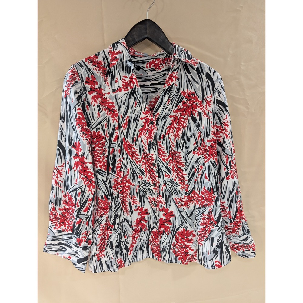 Long Sleeve Button-Up Shirt Floral Abstract Print Red White Black Size 14 - Picture 1 of 8